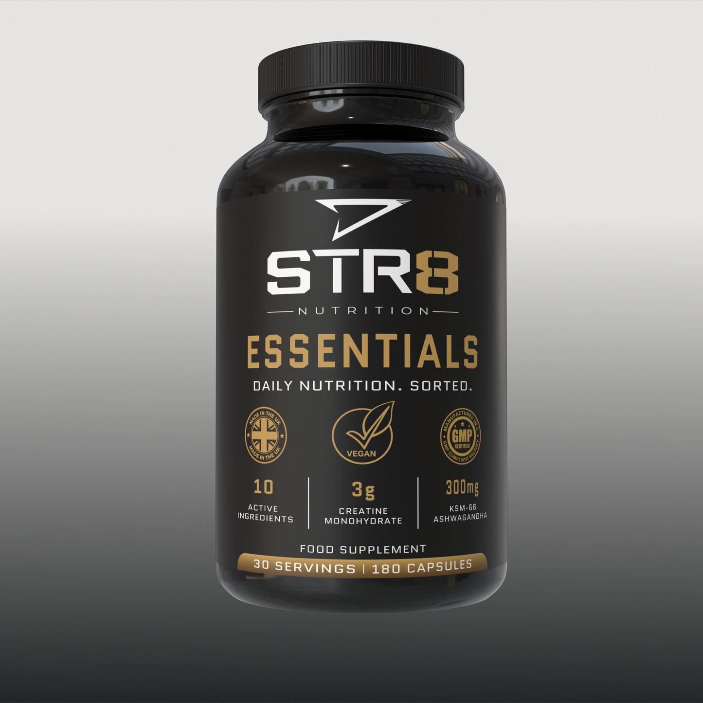 STR8 Nutrition Essentials Supplement Bottle Front View Creatine Multivitamin Complex with KSM-66 Ashwagandha Gradient Background