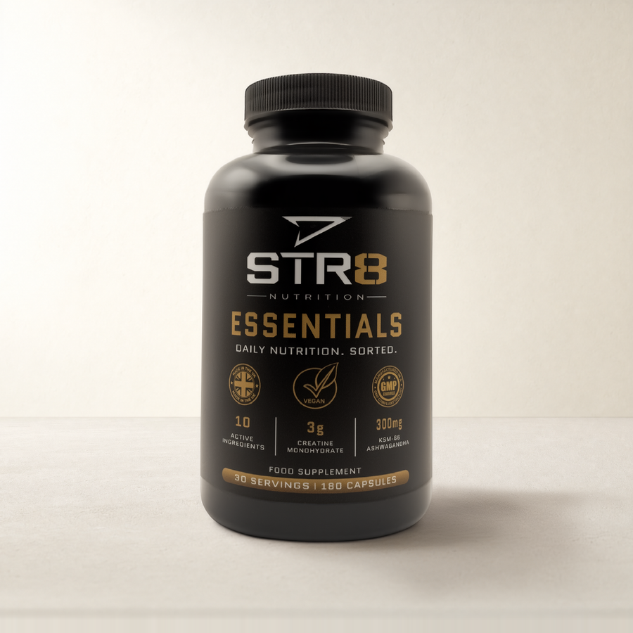 STR8 Nutrition Essentials creatine multivitamin complex, 180 vegan capsules, 30 servings.