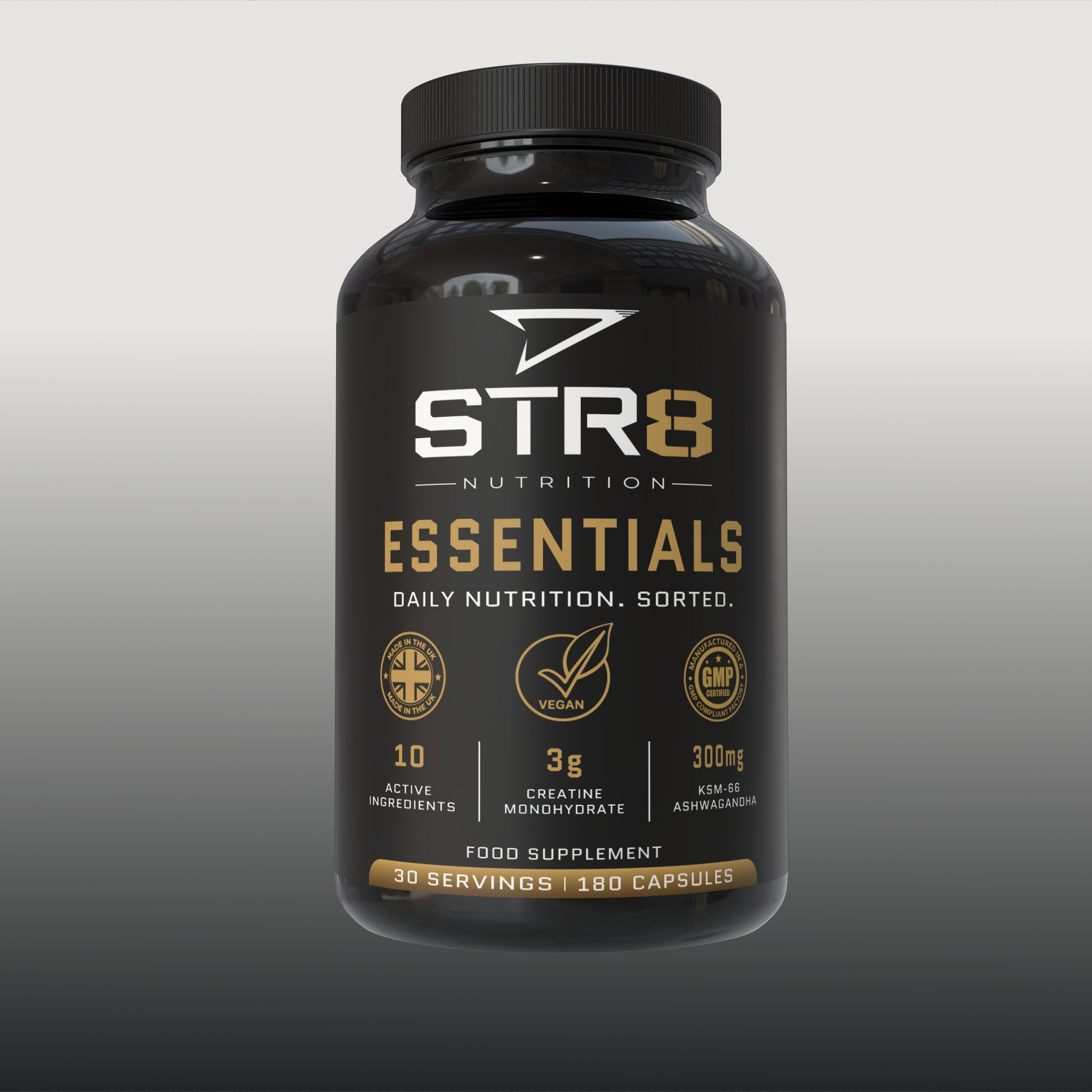 STR8 Nutrition Essentials Supplement Bottle Front View Creatine Multivitamin Complex with KSM-66 Ashwagandha Gradient Background