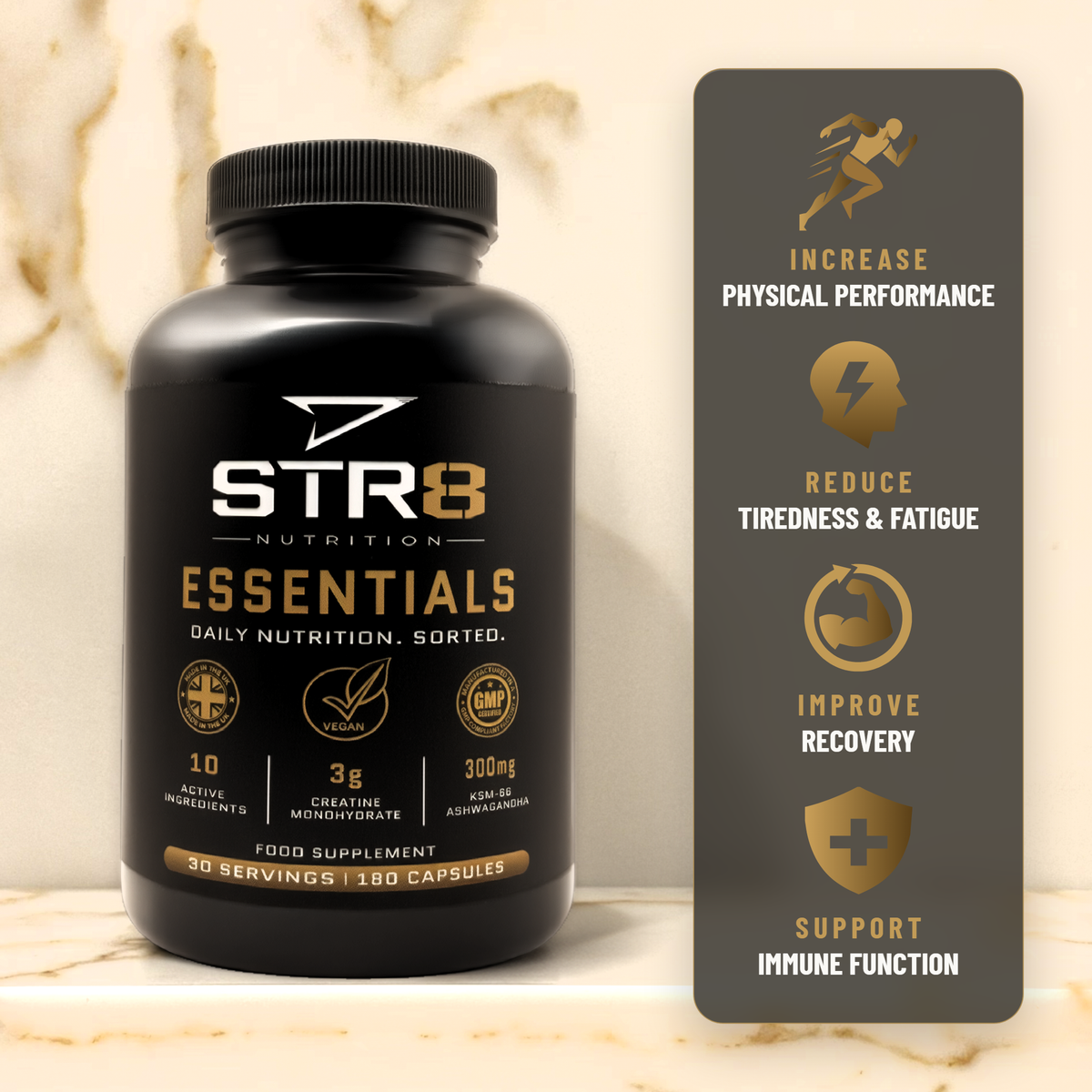STR8 Nutrition Essentials bottle on marble. Increase physical performance, reduce tiredness and fatigue, support normal muscle function, support immune function.
