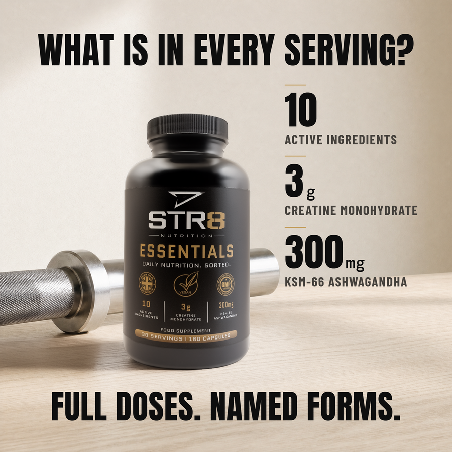 STR8 Nutrition Essentials bottle beside a barbell. What is in every serving: 10 active ingredients, 3g creatine monohydrate, 300mg KSM-66 ashwagandha. Full doses. Named forms.