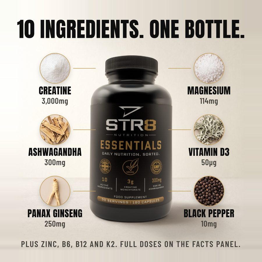 10 ingredients, one bottle. STR8 Nutrition Essentials with six key ingredients: creatine 3,000mg, ashwagandha 300mg, Panax ginseng 250mg, magnesium 114mg, vitamin D3 50µg, black pepper 10mg. Plus zinc, B6, B12 and K2.