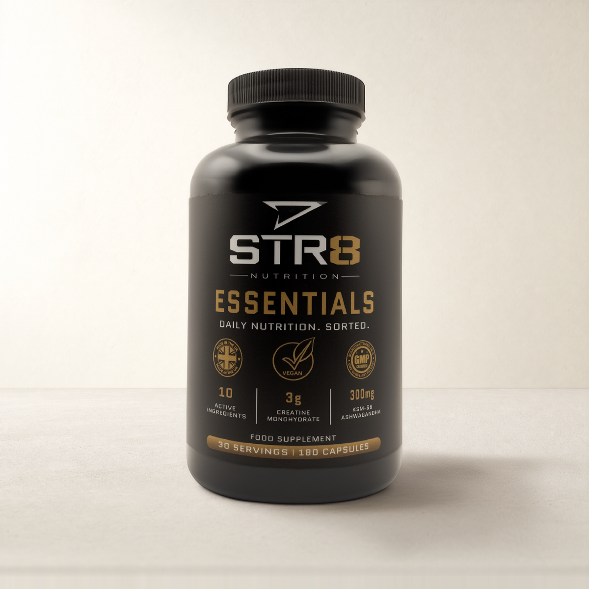 STR8 Nutrition Essentials creatine multivitamin complex, 180 vegan capsules, 30 servings.